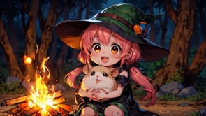 Cute Witch camping with her hamster