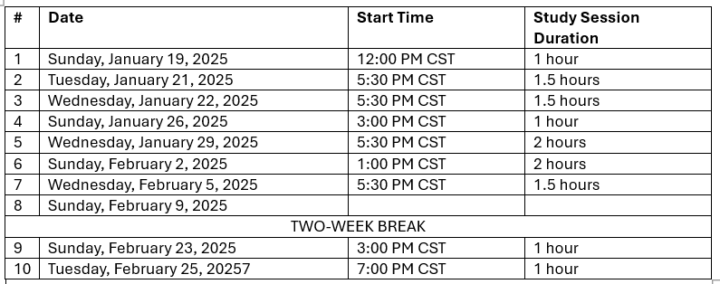 January and February Study Sessions - Dates & Times