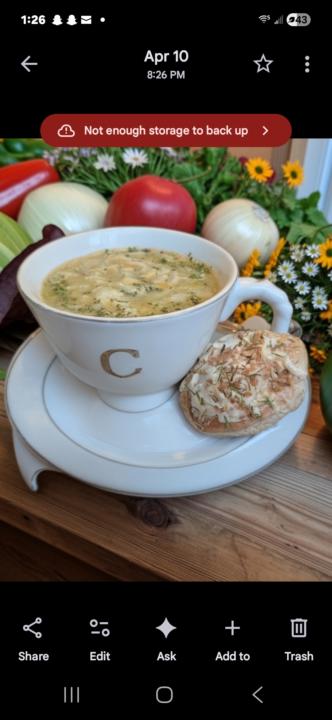 Chicken noodle soup with butter herbs custard biscuit. 
