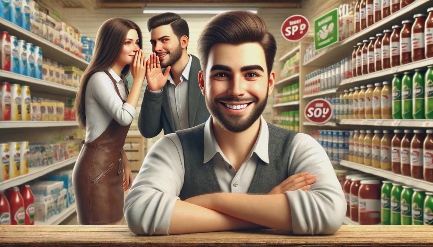 DALL·E 2024-06-18 16.25.22 - A photorealistic banner image of a happy and unaware shop owner in the foreground, with a customer frowning and whispering to another customer behind .webp