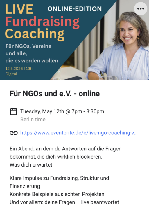 Erinnerung: LIVE NGO-Coaching: Von der Gemeinnützigkeit => Fundraising - Online-Edition