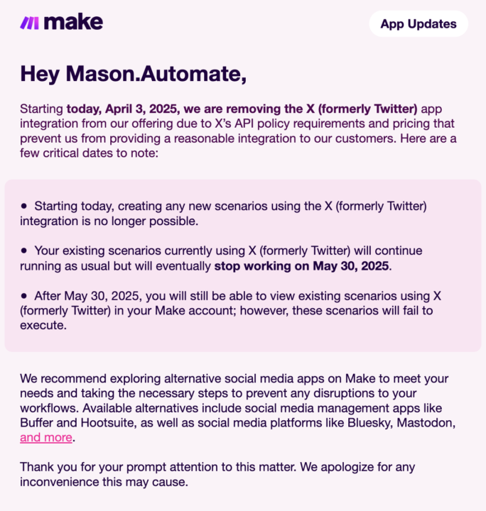 X (Twitter) Removed from Make 🙁