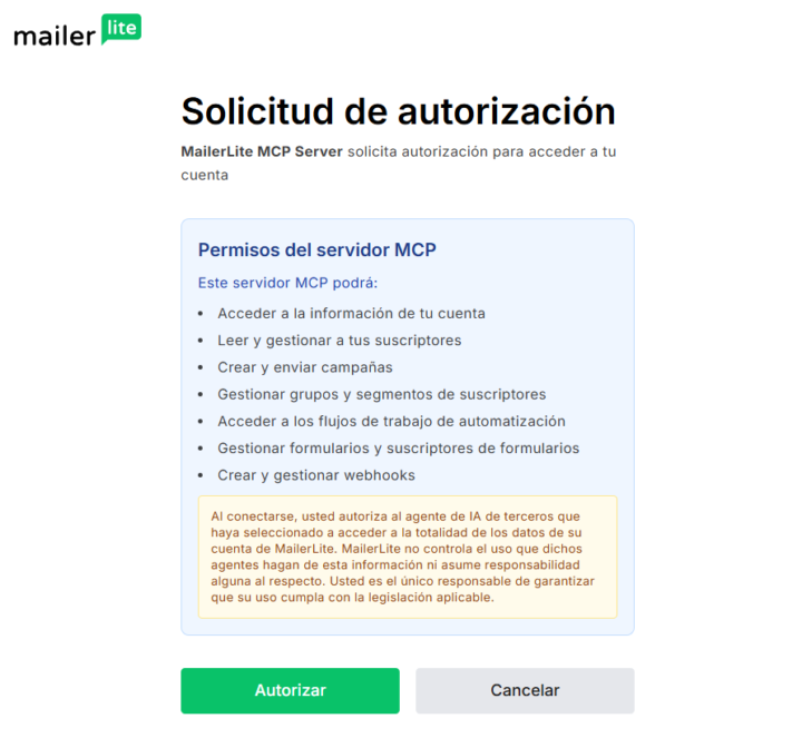 Otorgar acceso a Claude (desktop) a cuenta de MailerLite