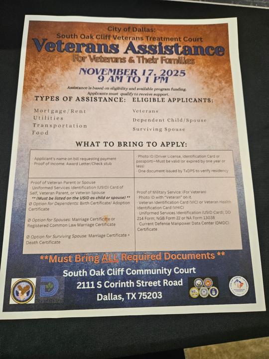 Living expense assistance and the spot this Monday only for Dallas County Veterans only!