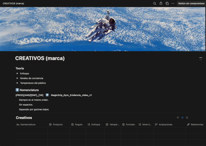 Plantilla de Notion para estructurar nuevos creativos en Meta Ads