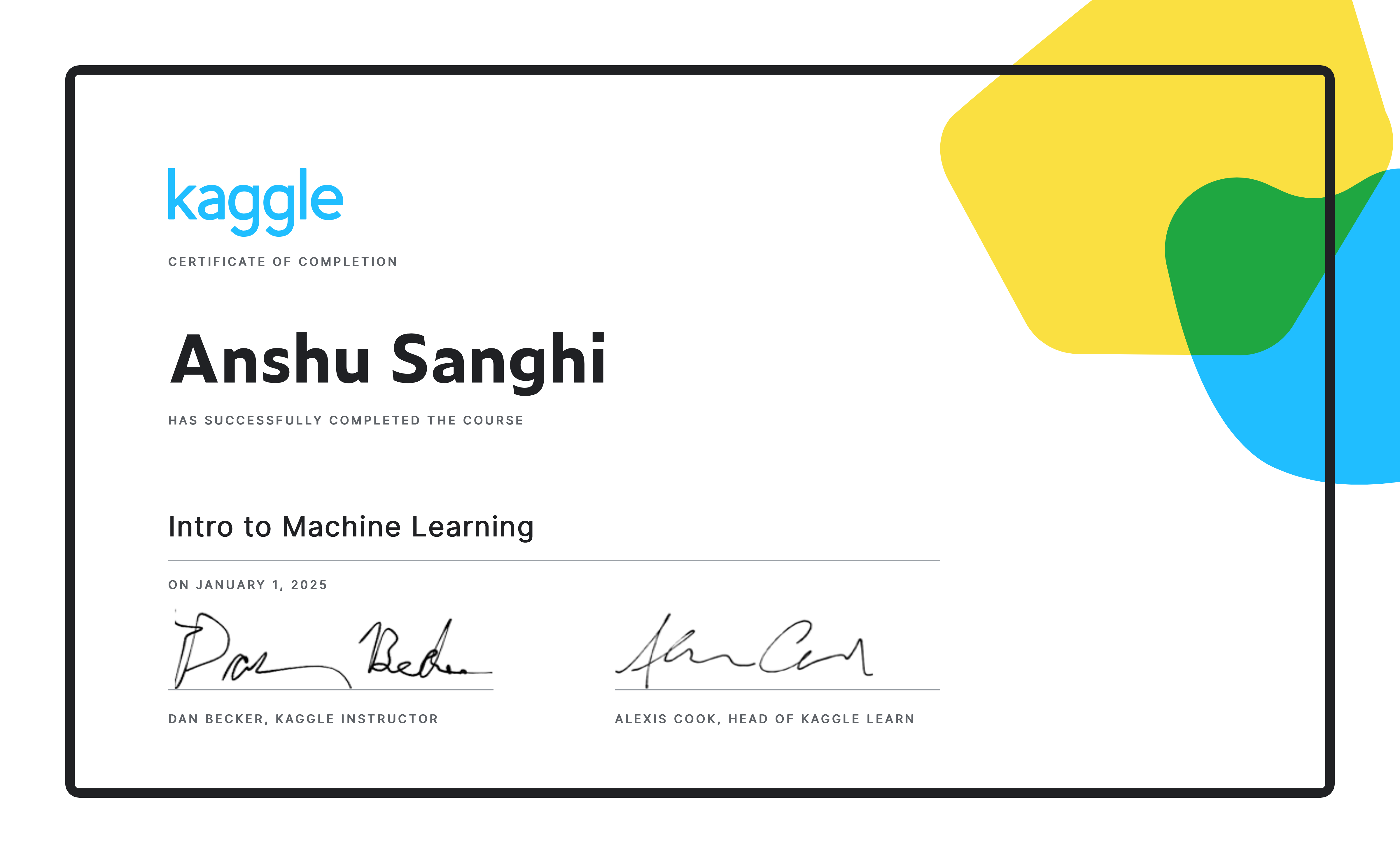 Completed intro to machine learning course on kaggle data alchemy