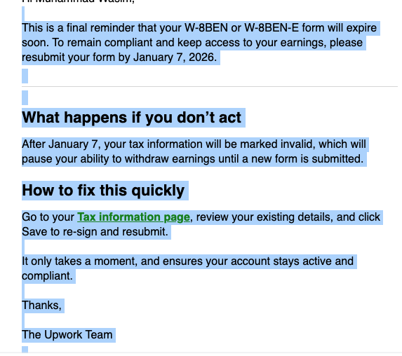Need a help about upwork, tax information