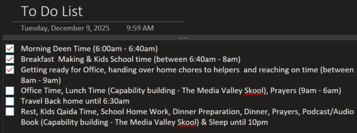 To Do List - 9th Dec 2025
