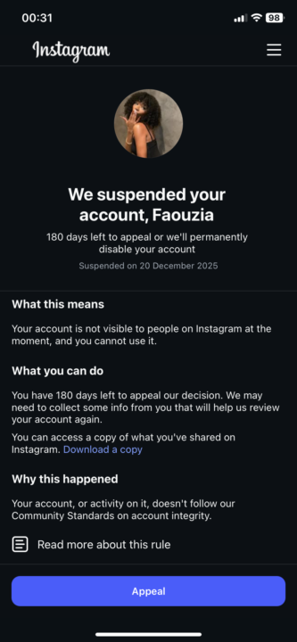 IG acc suspended 