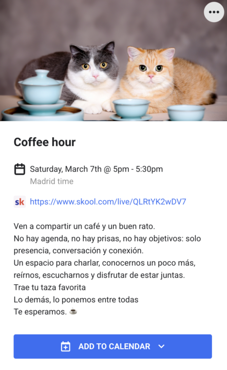 El sábado 7/3/26 tenemos Cafelito virtual