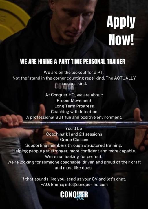 Our Friends at Conquer HQ in Cork are hiring a Personal Trainer 