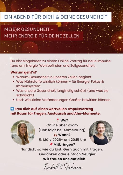 Vortrag über Zellgesundheit heute um 20.15 Uhr