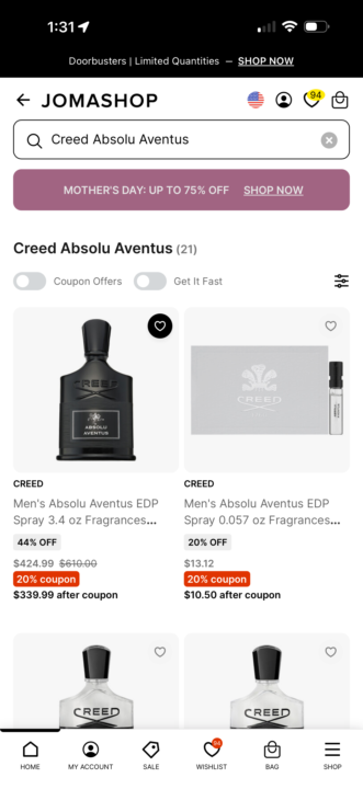 Jomashop 3.4 oz Creed Aventus Absolu $339.99