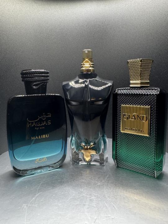 JPG Le Beau Le Parfum edp intense VS Hawas For Him Malibu edp VS Khadlaj Island extrait de Parfum