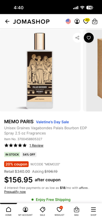 Memo Paris 75ml Palais Bourbon $157 at Jomashop