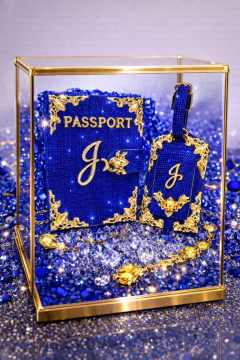 Luxury Rhinestone Passport Wallet & Luggage Tag Set Royal Sapphire Edition First Class Energy.
