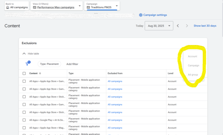 google not allowing to edit placement exclusion list