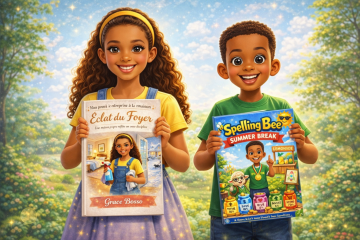 Grace (13 ans) & Olivier-Jr (7 ans) 📚 chacun tenant son livre — déjà en train d’impacter le monde 💥