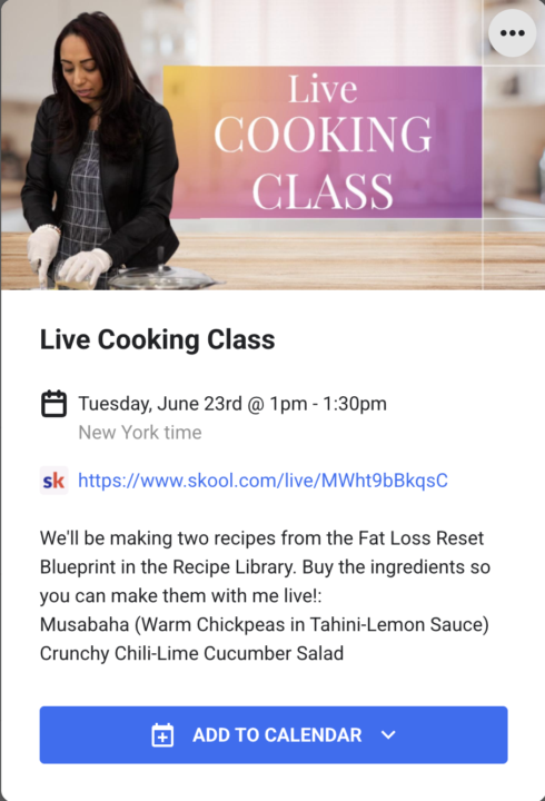 Live Cooking Class on Tues at 1pm EST/6pm UK