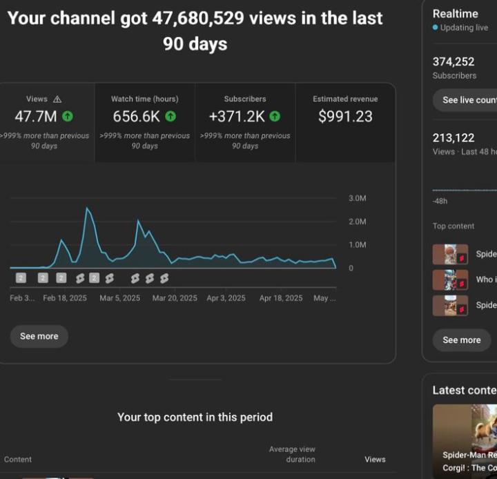 47,680,529 views in 90 days. $991 in ad revenue.