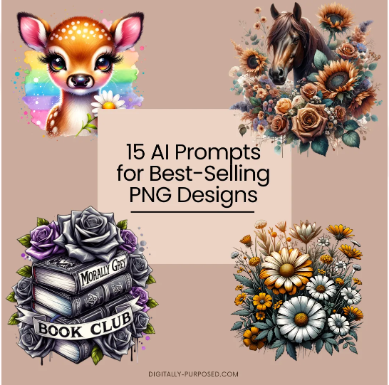 Grab 15 of my favorite AI prompts for best-selling PNG designs!!