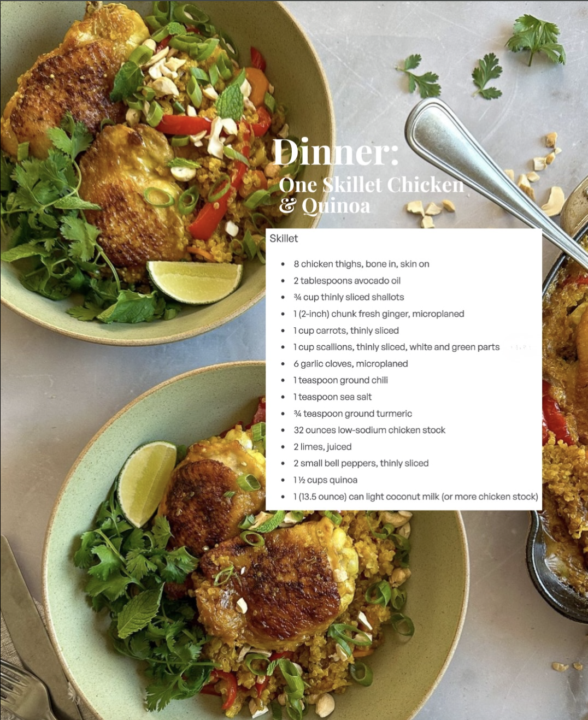 One skillet chicken & quinoa, a great balance of protein, healthy fats, and whole ingredients to support energy and digestion.