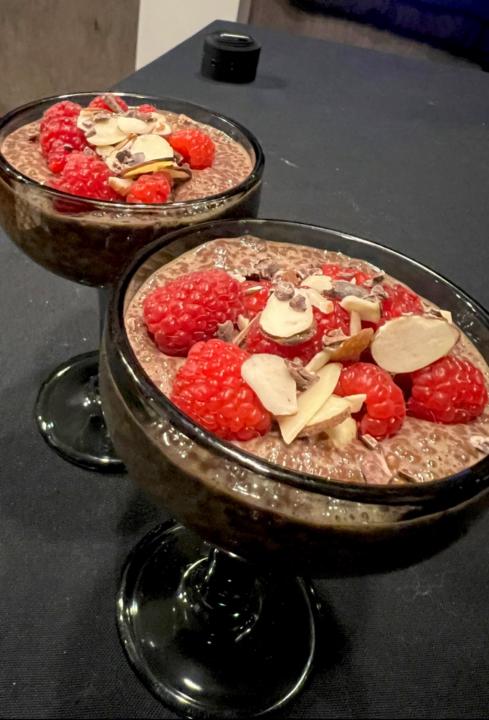 Ending week 1 with some chocolate chia seed pudding with raspberries, almond slivers, and a touch of raw cacao. 