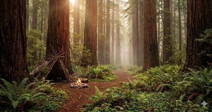 REDWOODS FERN AND FIRE