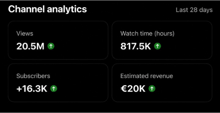 20.5M views. 817.5K watch hours. 16.3K subscribers. €20K revenue. 🚀