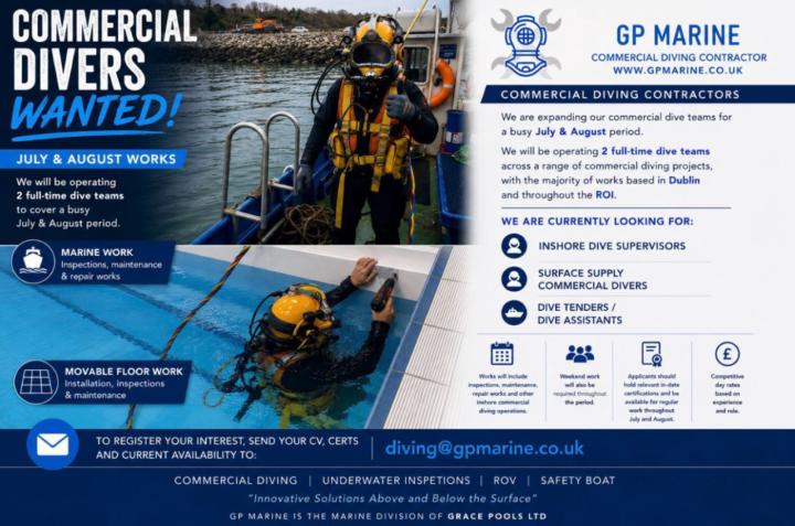 COMMERCIAL DIVERS WANTED IN IRELAND | JULY & AUGUST WORKS