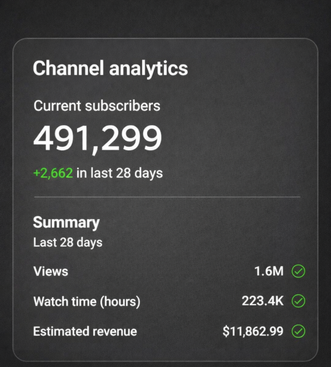 491K subs. 1.6M views in 28 days.