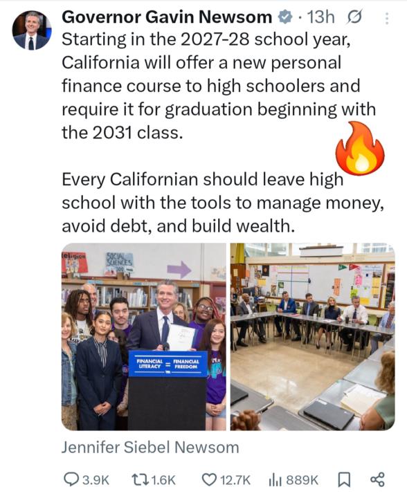 California to mandate financial education in high school.