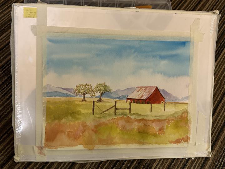 Barn and apple trees.     