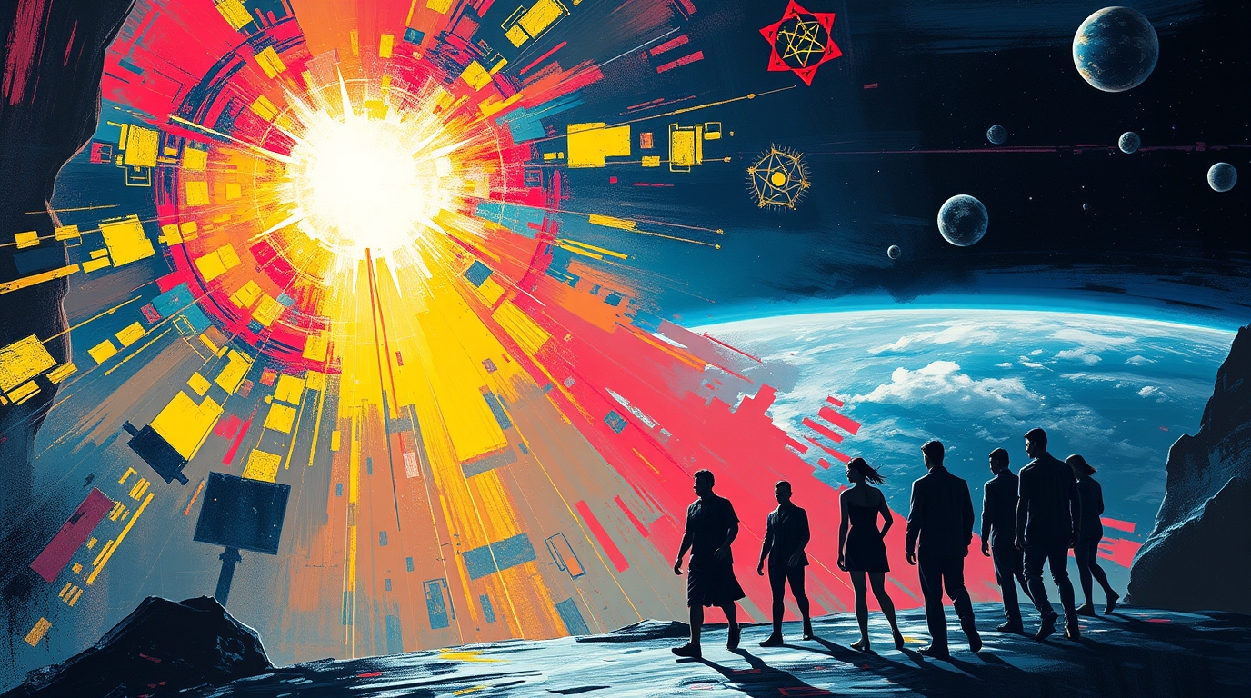 An imposing digital painting titled Celestial Convergence, symbolizing a chosen society in space. Thick, expressive brushstrokes use vibrant neon accents of red, yellow, and blue.  Abstract alchemical symbols and futuristic AI elements are .jpg