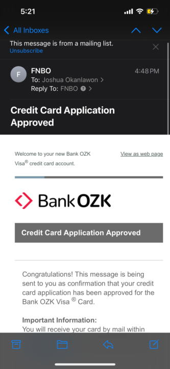 Credit card approved- Bank OZK
