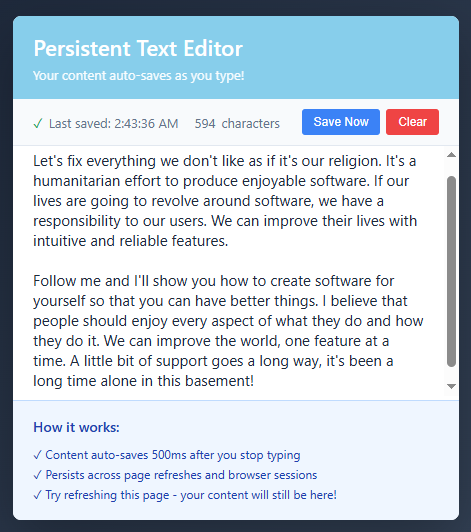 Auto Saving Text Editor Feature