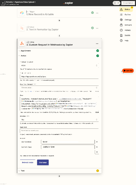 Airtable -> Ayrshare Video Upload (3rd Step Custom Webhook Error)