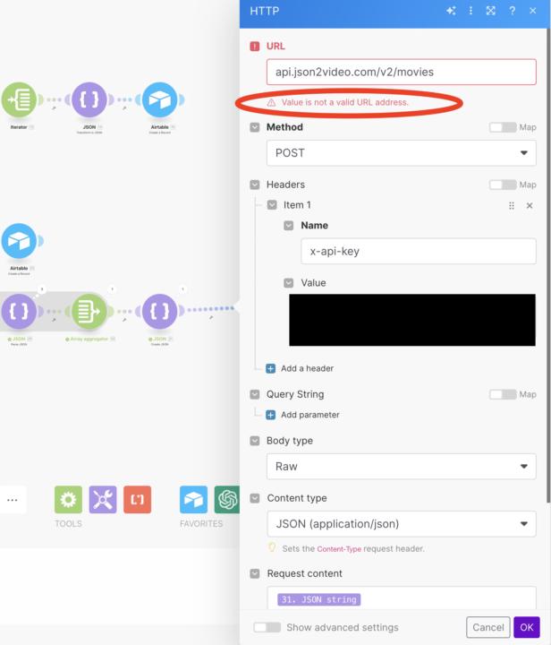 Please help - Error Make to Json2video