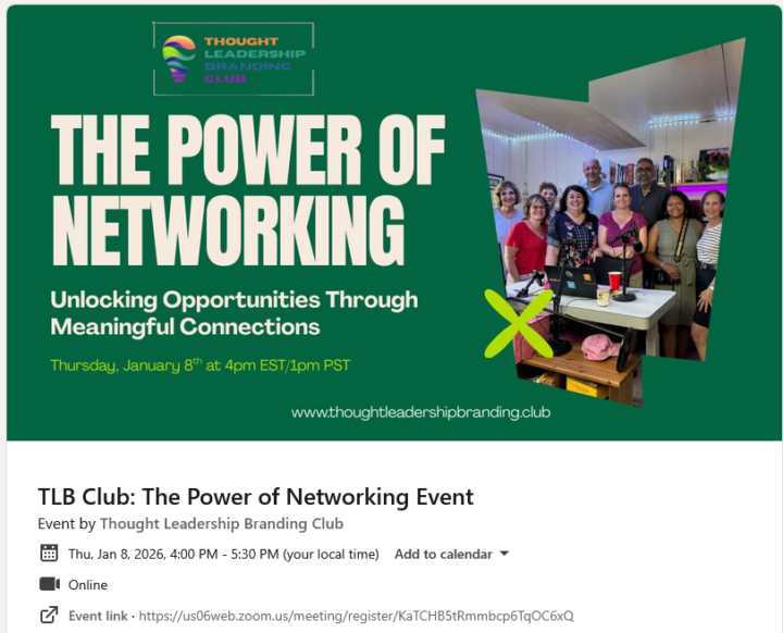 Networking Zoom event Thur Jan 8 at 4pm ET