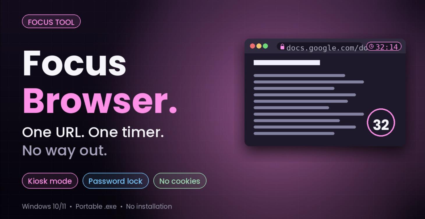 ADHD FOCUS BROWSER, 1 TAB ONLY LOCKED IN TIMER PW.