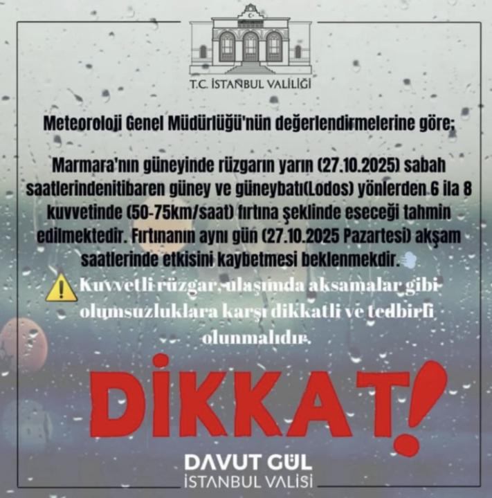 İstanbul’da Lodos Uyarısı: 75 km/saat Hıza Ulaşabilir