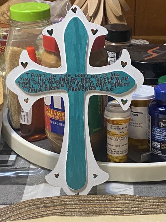 Cross that I painted with a biblical quote on it