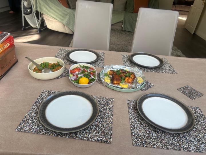 Family meal for mum ,wife and myself this afternoon Tasty and healthy salmon, baked in foil, salad and bean curry 