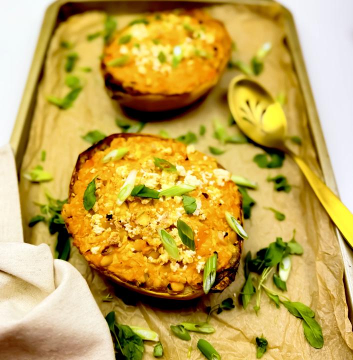Buffalo Chicken & Bean Stuffed Spaghetti Squash