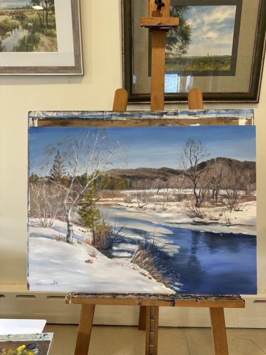 Just finished this snow pond oil painting. 24x30”. Any critiques are appreciated. 