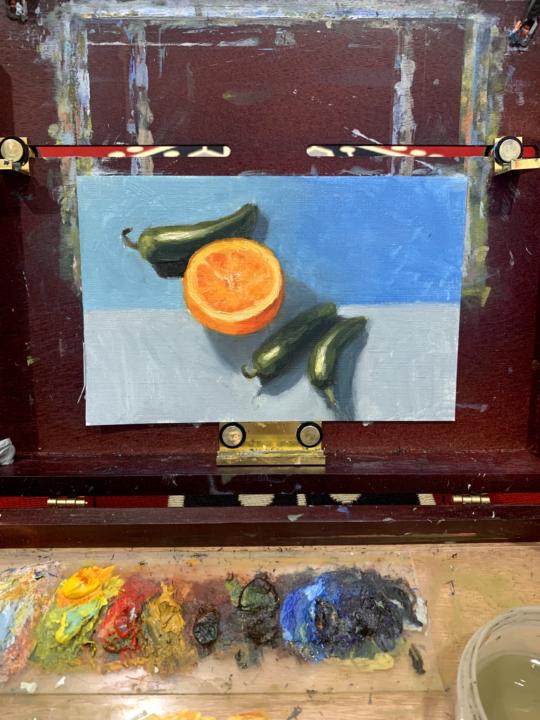 Oil study of chillies and an orange  