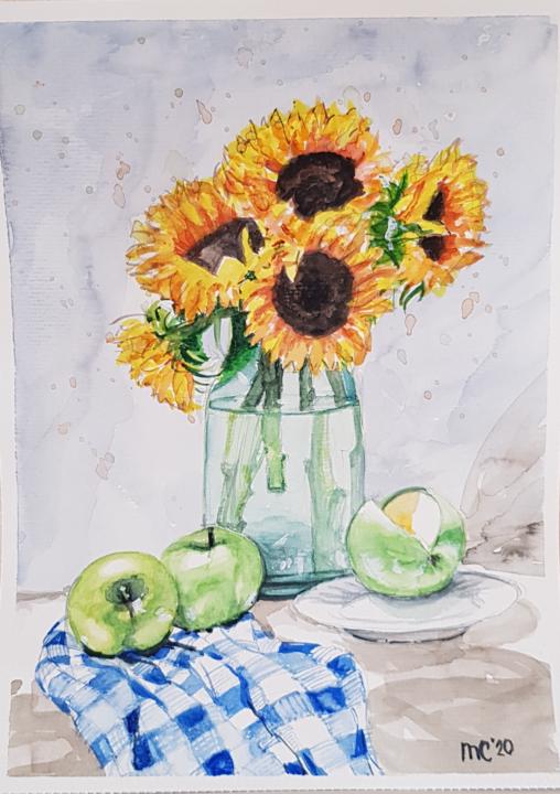 Sunflowers and green apples