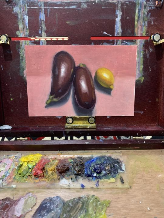 Oil study of eggplants and a lemon 