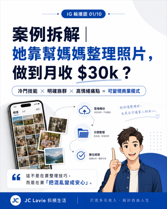 【案例拆解】幫媽媽整理照片，也能做到月收 $30k？
