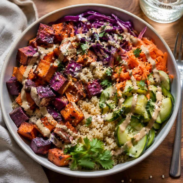 🍠 Roasted Purple & Sweet Potato Power Bowl (Creamy Citrus Tahini)